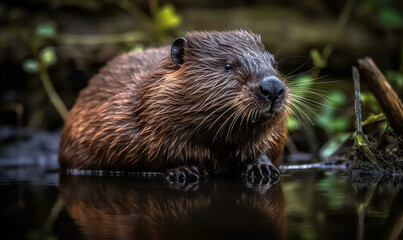 photo of Beaver in its natural habitat outdoors in water. Generative AI