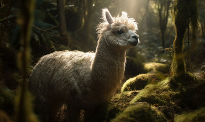 photo of alpaca in its natural habitat outdoors. Generative AI