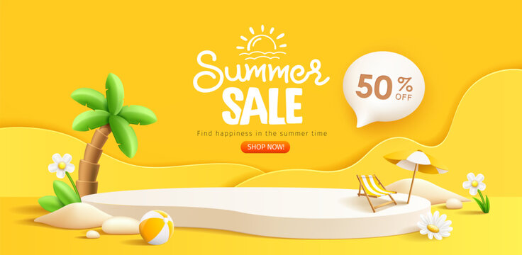 Summer sale podium display, pile of sand, flowers, beach umbrella, beach chair and beach ball, speech bubble space banner design, on yellow background, EPS 10 vector illustration
