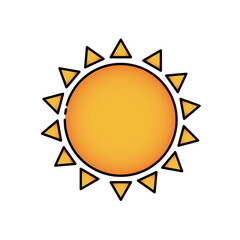 Sun is yellow with triangular rays and a black outline. Isolated vector image