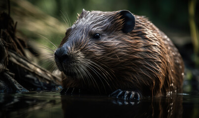 photo of Beaver in its natural habitat outdoors in water. Generative AI