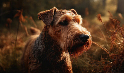 photo of Airedale terrier outdoors in the forest. Generative AI
