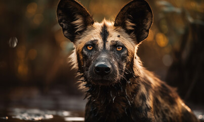 photo of African wild dog in its natural habitat outdoors on African savannah. Generative AI