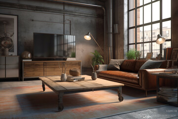 Obraz premium modern living room Industrial loft living room with vintage furniture, Generative AI 