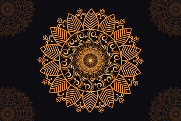 mandala vector design with a black background. Seamless mandala pattern with  black background. Golden mandala with  black background.