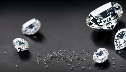 Several diamonds on a dark neutral background. The image represents luxury. Space for text.