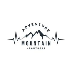 Mountain heartbeat line logo icon. Outdoor adventure seismograph vintage black illustration