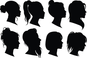 Set of 9 Elegant Women Face Profile Vector Silhouettes for Your Designs