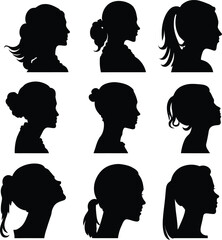 Set of 9 Elegant Women Face Profile Vector Silhouettes for Your Designs