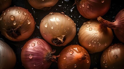 Fresh onions, closeup photography wallpaper, seamless background, vegan concept art, horizontal format 16:9. Generative AI
