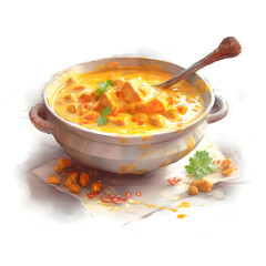 Watercolor illustration of curry food, isolated on white background. Generative AI