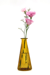 흰색 배경에 옐로우 유리병 안에 꽃 리시안셔스