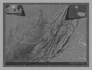 West Virginia, United States of America. Bilevel. Labelled points of cities