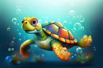Adorable Cartoon Sea Turtle Blowing Bubbles in the Blue Ocean Water, cartoon, sea turtle, bubbles, blue, ocean, water, adorable, cute, marine life, wildlife, nature, beach, 