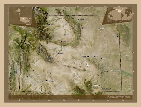 Wyoming, United States of America. Low-res satellite. Labelled points of cities