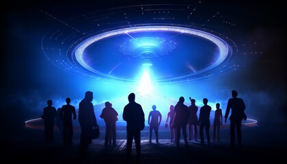image of an illuminated UFO spaceship surrounded by a group of humans, as a blue light portal glows beneath it. Generative ai