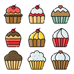  Set of Cupcake line art illustration