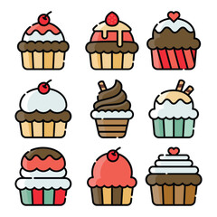  Set of Cupcake line art illustration