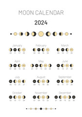 2024 year moon planner, astrological calendar banner design template. Lunar monthly cycle calendar poster, card, moon schedule on white background vector illustration