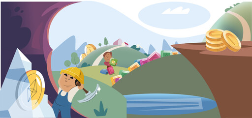 Play to earn, video games in which player can receive rewards with real value, blockchain projects. Cyber cartoon characters playing games to earn cryptocurrencies, trying to find money and power ups