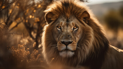 Obraz na płótnie Canvas photo of a Lion in its natural habitat outdoors in African Safari. Generative AI
