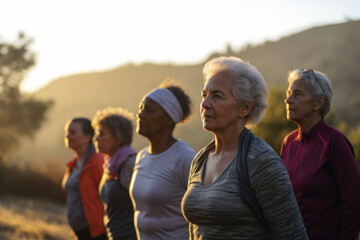 Finding balance: seniors practicing yoga with friends in grandparentcore style. Generative AI