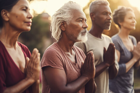 Outdoor yoga practice for seniors: embracing wellness and youthful energy. Generative AI