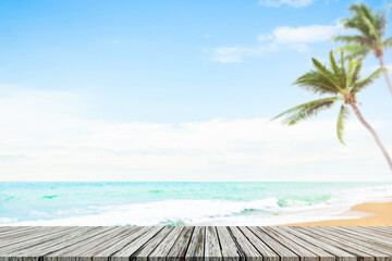 Table on Sea Summer Background,Desk on Sand Beach and Ocean at Coast with Palm Tree and Deck White Cloud Blue Sky Sunny nature,Wooden with Shore Horizon Tropical,Tourism Vacation Resort Travel Holiday