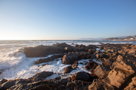 Scenic view of rocky central California coastline during golden hour at Cambria California United States