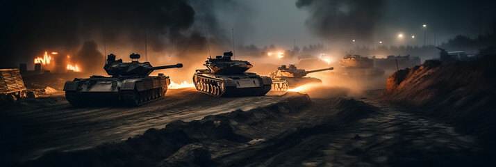 Naklejka premium battle of tanks on battlefield in the modern war. Generative AI illustration