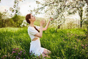 Naklejka na ściany i meble a woman in a light dress sits in the grass near a flowering apple tree