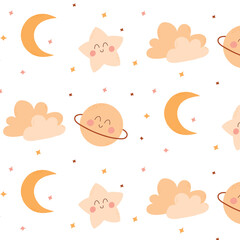 Childish seamless pattern with moon, planet, star and clouds. Vector illustration. Space print in boho style. Pattern for pajamas.