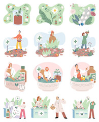 Homeopathy and herbal remedies set. Medical research laboratory diagnostics. Homeopathic treatment and phytotherapy. Traditional herb recipes of alternative medicine. Medicine pharmacy. Herbal pills