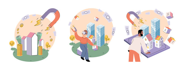 International investment company, money bills and coins fly around world. Global economy financial system vector set. Loan of money made by investor for purpose of earning interest. World cash flows