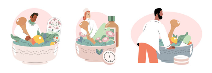 Homeopathy and herbal remedies set. Medical research laboratory diagnostics. Homeopathic treatment and phytotherapy. Traditional herb recipes of alternative medicine. Medicine pharmacy. Herbal pills