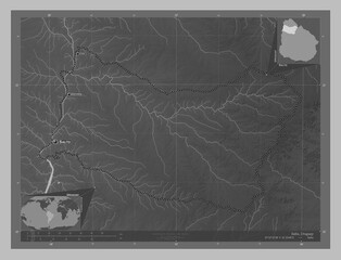 Salto, Uruguay. Grayscale. Labelled points of cities