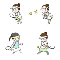 テニスをする女性のイラスト4パターン
