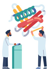 Men in laboratory coats measuring biological cell. Science lab