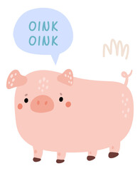Pig with oink sound. Cute farm animal talking