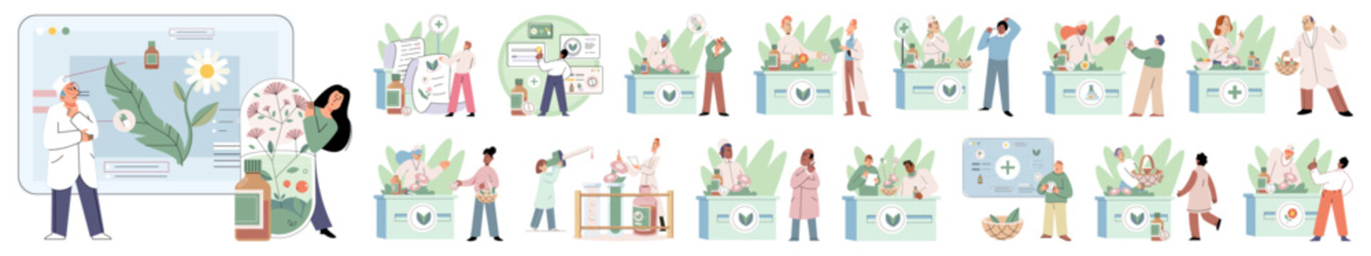Homeopathy and herbal remedies set. Medical research laboratory diagnostics. Homeopathic treatment and phytotherapy. Traditional herb recipes of alternative medicine. Medicine pharmacy. Herbal pills