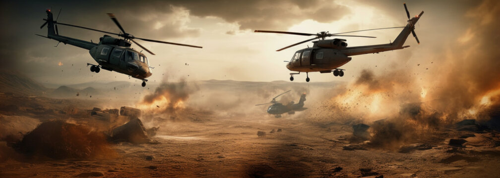 Explosive Impact: Helicopters Deliver Rockets in the Midst of a Smoke-Filled Warzone. Generative AI