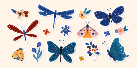 A collection of elegant exotic butterflies and moths. A set of stickers of tropical flying insects with colorful wings. Set of decorative design elements. Flat vector illustration.
