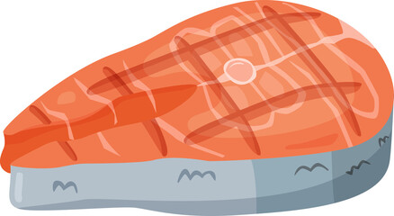 Fish products: beef steaks, grilled  fish. Grilled steak, fish meat, filet   fish. PNG illustration . Fish piece for barbecue, cartoon salmon steak illustration