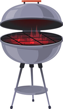 Round barbecue, BBQ charcoal grill with burning flame, cartoon style vector illustration on white background. Realistic BBQ charcoal grill with fire and hot coals. PNG image