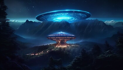 image of an illuminated UFO spaceship hovering over a mountainous landscape. Generative ai