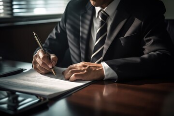 Businessman signing a contract with a pen in his hand. Business concept. Generative AI