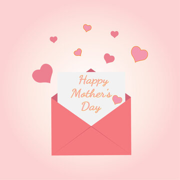 Postcard, congratulation, background for Mother's Day. Red envelope, inside which is a sheet of paper, a letter with the text, Happy Mother's Day. Above, red hearts on a pink background. Vector image.