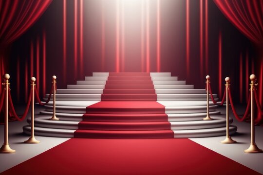 Red carpet on the stage with red curtains and stairs. Generative AI