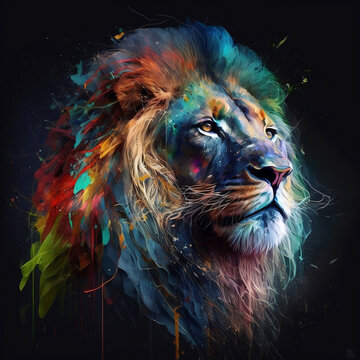 Lion illustration with color paint. Fairytale multicolored space beast. Fairy animals concept. Generative AI