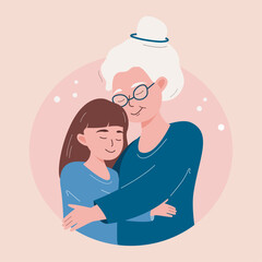 An elderly woman and a girl in arms. Happy granddaughter hugs her grandmother. Greeting card for Grandparents' Day. Flat cartoon vector illustration.